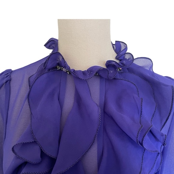 Purple Sheer Ruffled high neck blouse with rhinestone collar detail. Size M. - Picture 2 of 10